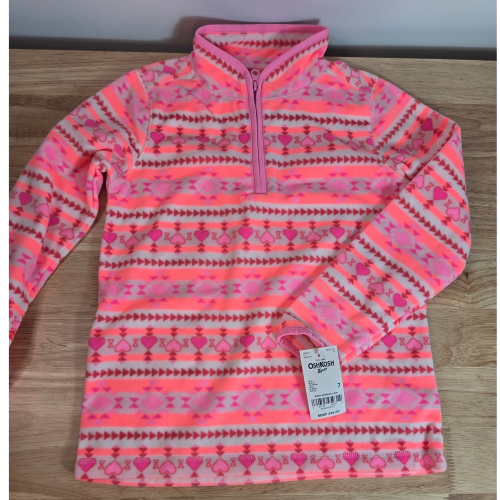 OshKosh Bgosh Girls Size 7 Pink Orange Heart Fleece Quarter Zip Pullover NWT